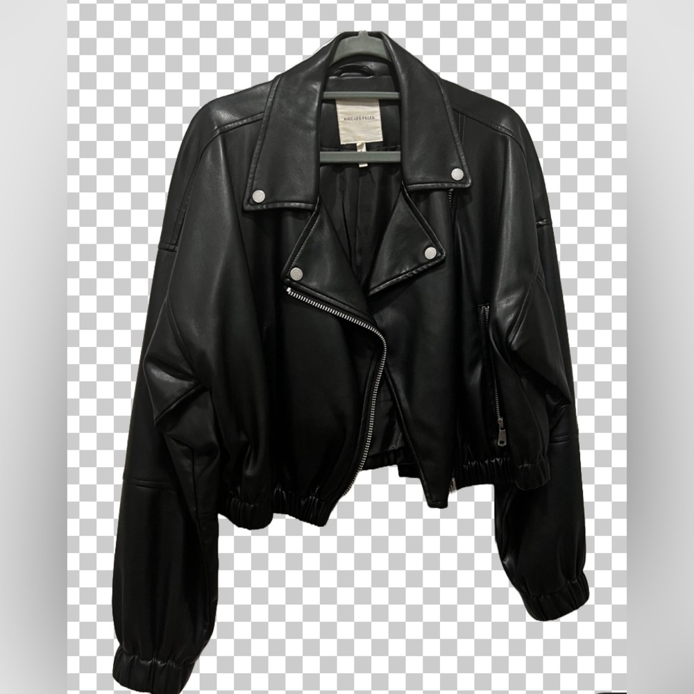 AVEC LES FILLES Black Faux Leather Bomber Cropped Jacket L/XL